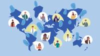 An illustration of a world map with a dozen people in bubbles, including clinicians and scientists